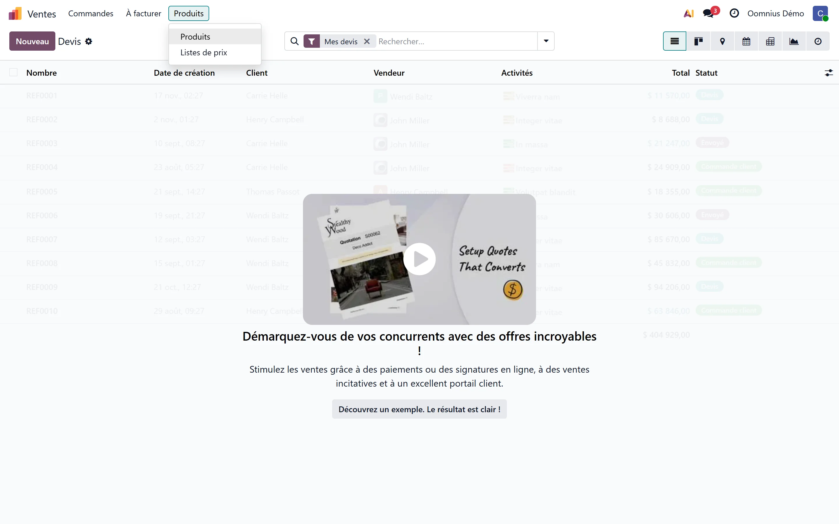 Choisissez Produits pour afficher le catalogue.